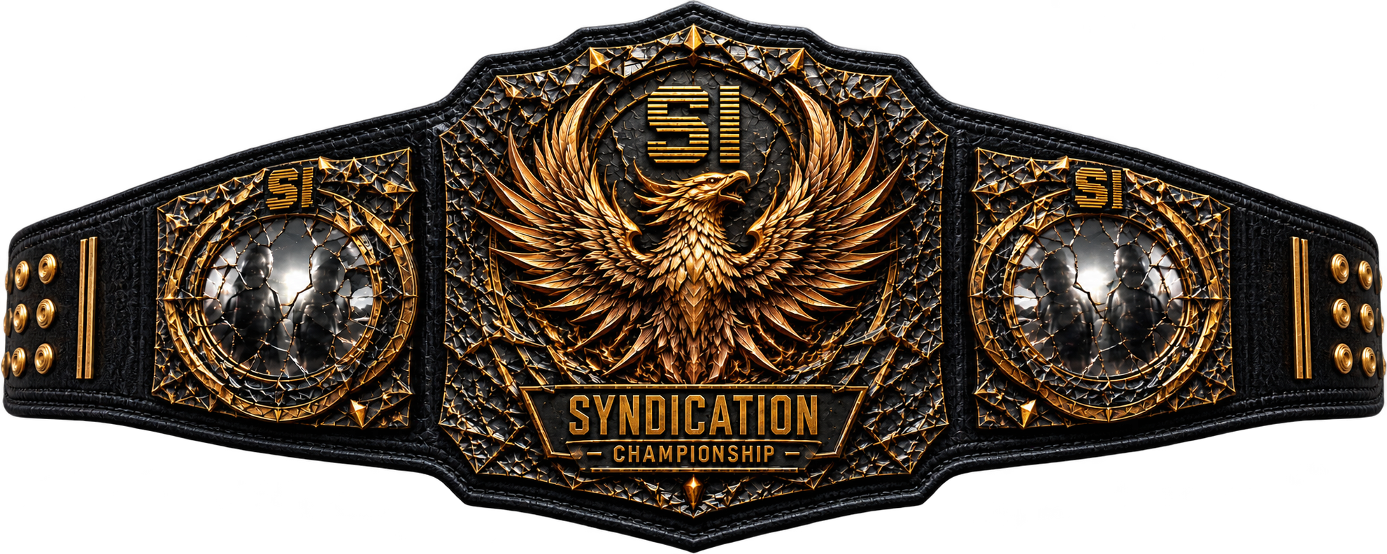 The official Syndication Championship belt: black oxidized steel, golden phoenix, S! emblems, and mirrored side plates.