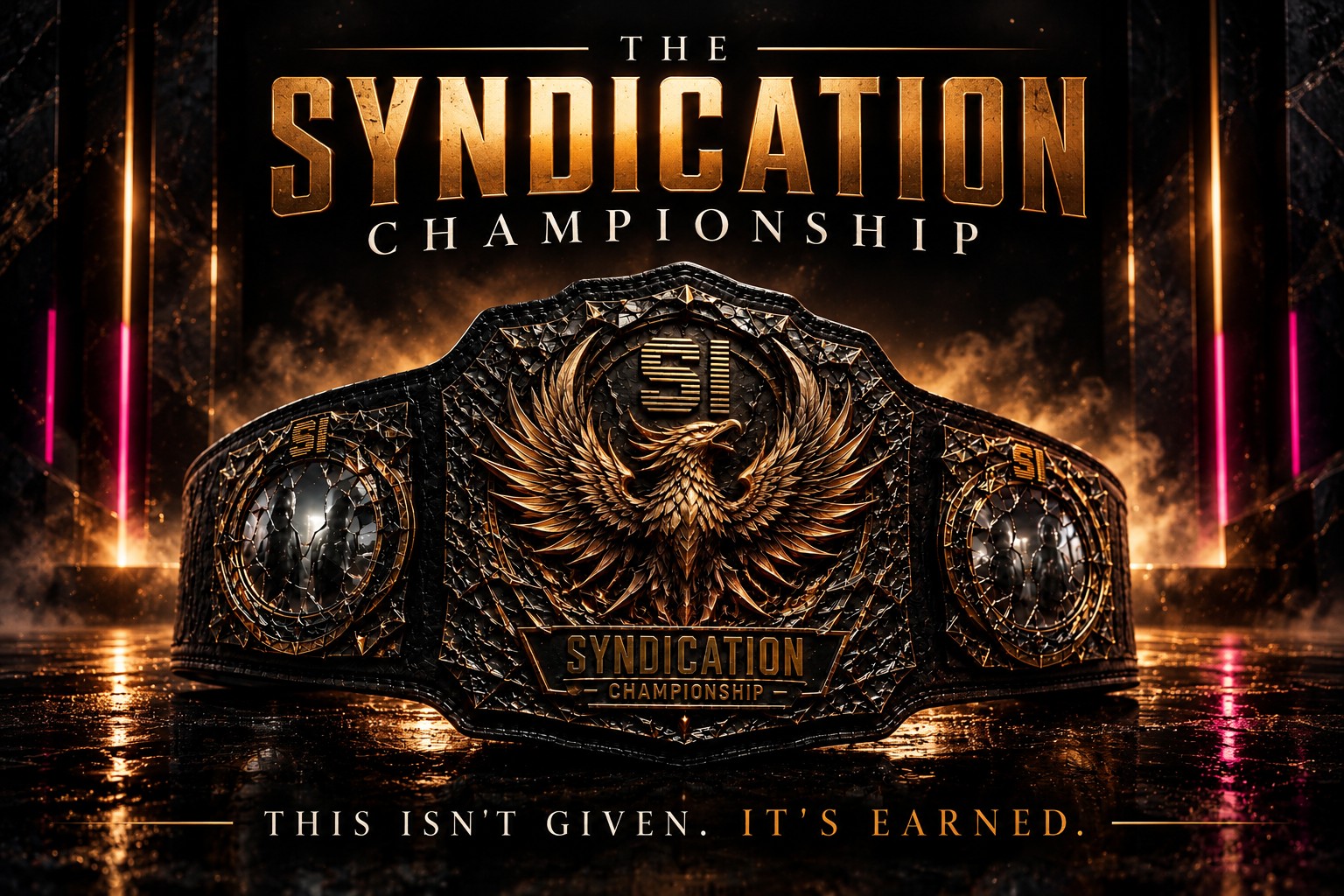 The Syndication Championship, its golden phoenix rising from blackened steel beneath the words This Isn't Given. It's Earned.