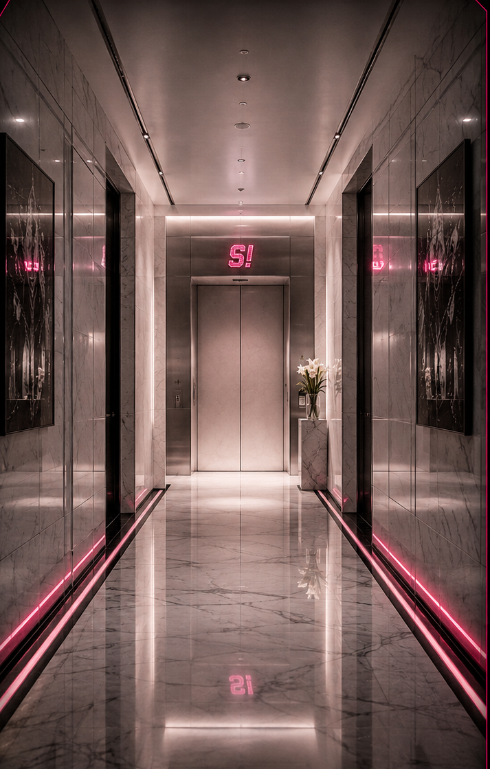 A marble corridor leading to an unmarked elevator