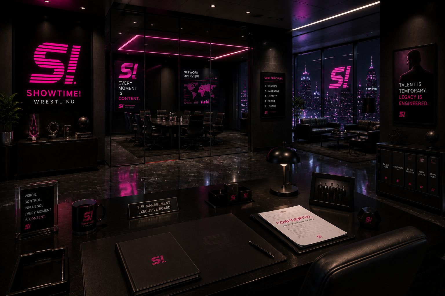 A SHOWTIME! network office, high above the city